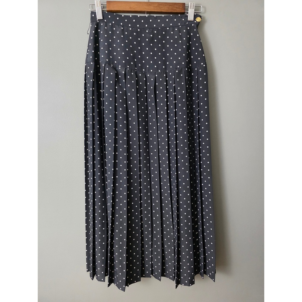 Vintage Josephine Chaus Polka Dot Pleated Midi Skirt Black White Size 6 NWT